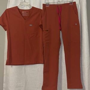 Figs Women's Scrub Set in Teracotta with Pink Accents